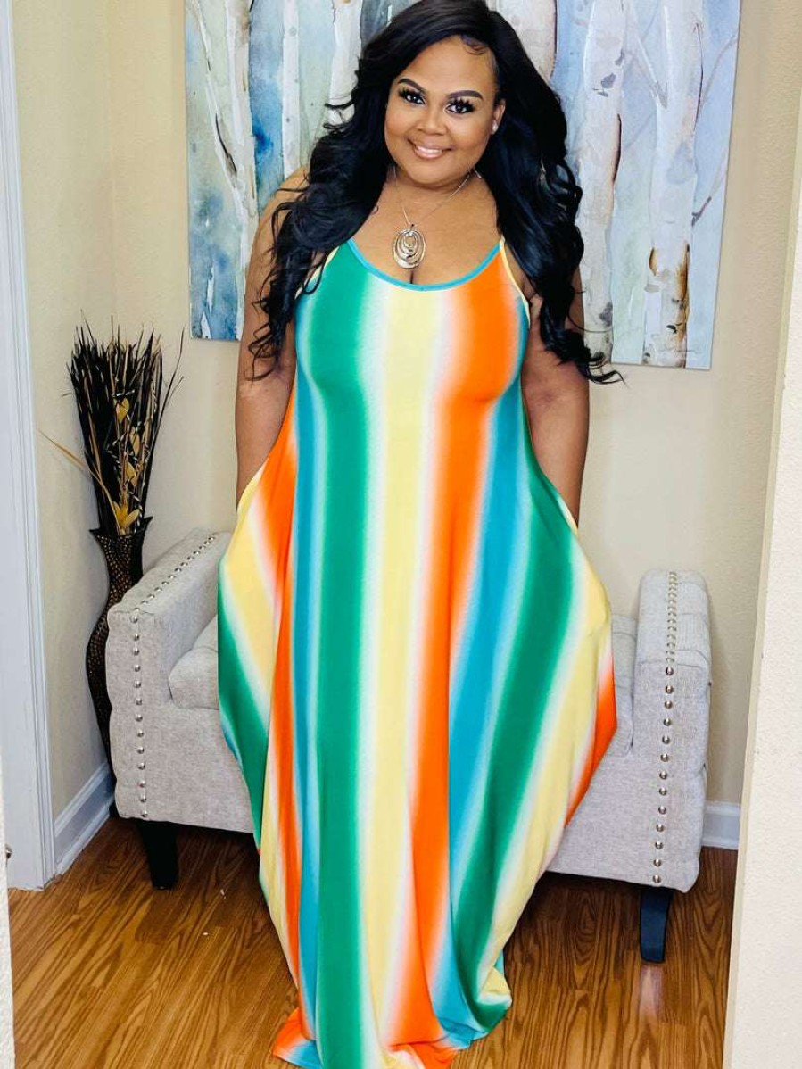 Dresses (Missy) * | Pash Boutique Green/Orange Maxi Dress New Arrivals