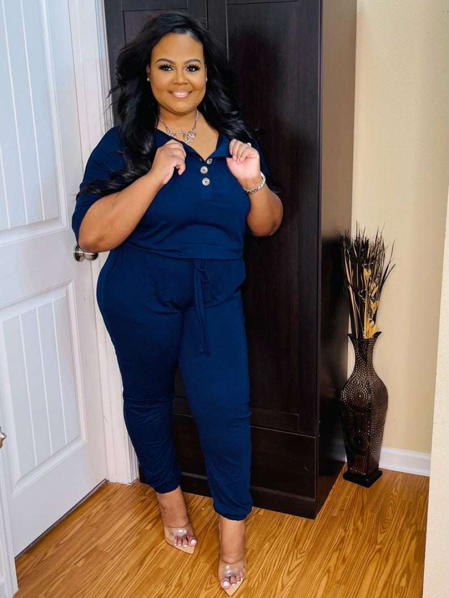 Jumpsuits /Rompers (Missy) * | Pash Boutique Navy Jogger Jumpsuit