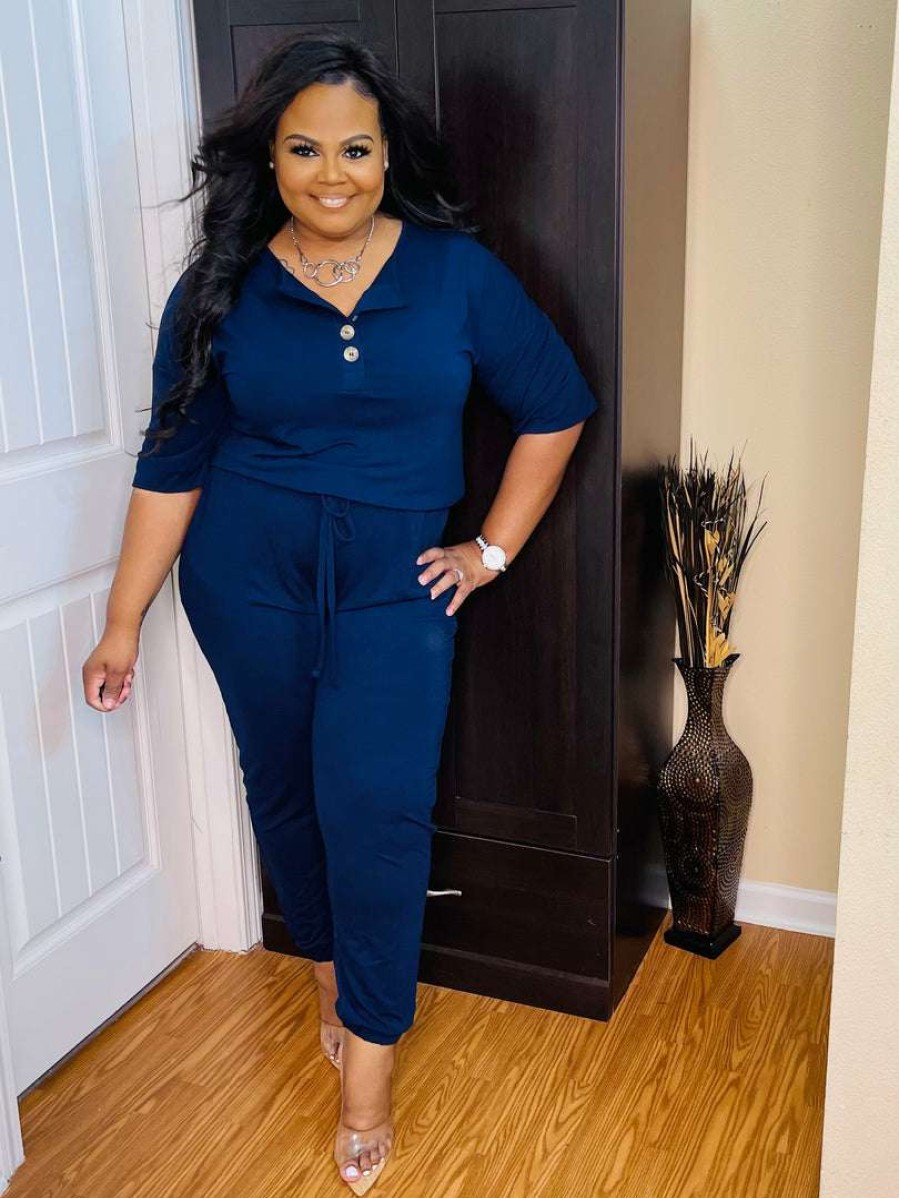 Jumpsuits /Rompers (Missy) * | Pash Boutique Navy Jogger Jumpsuit