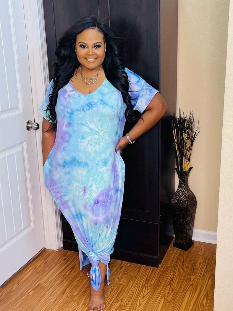 Plus Dresses * | Pash Boutique Skyblue/Purple Tie-Dye Plus Dress