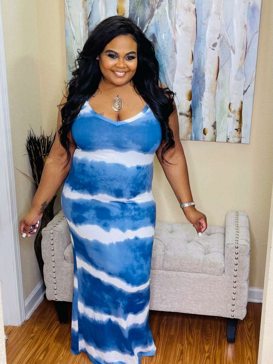 Plus Dresses * | Pash Boutique Blue Plus Tie-Dye Maxi