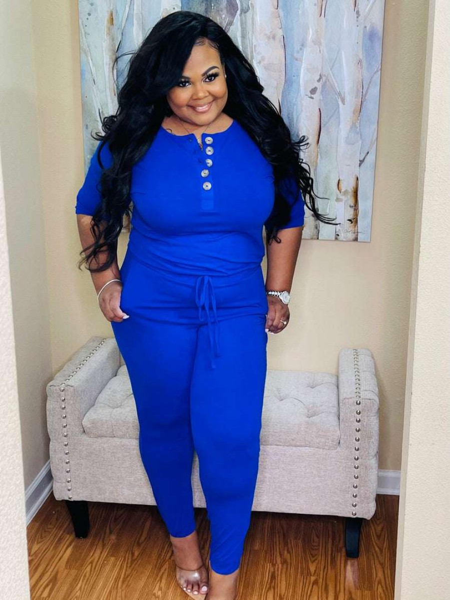 Jumpsuits /Rompers (Missy) * | Pash Boutique Bright Blue Jogger Jumpsuit