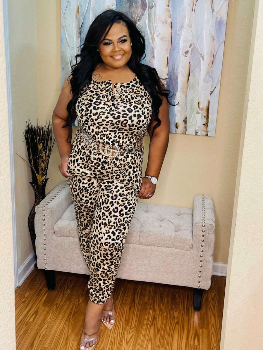 Jumpsuits /Rompers (Missy) * | Pash Boutique Leopard Sleeveless Jumpsuit