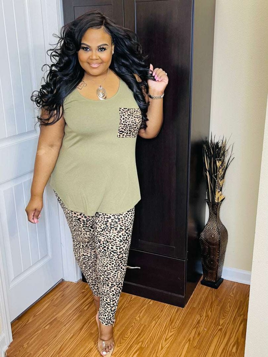 Sets (Missy) * | Pash Boutique Khaki Sleeveless Leopard Set New Arrivals