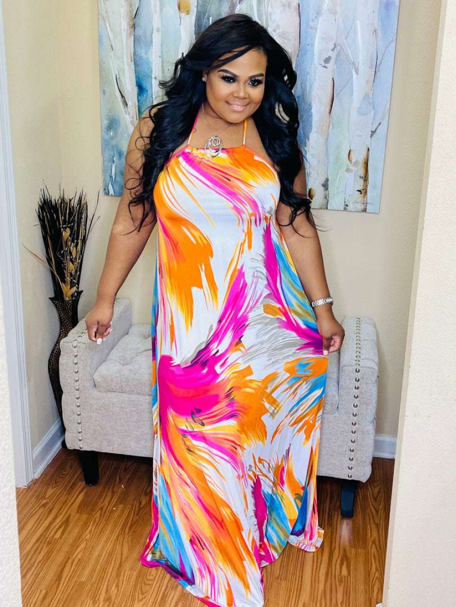 Plus Dresses * | Pash Boutique Pink/Orange Halter Plus Maxi Dress New Arrivals