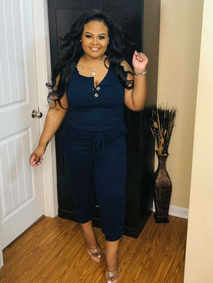 Jumpsuits /Rompers (Missy) * | Pash Boutique New Arrivals Navy Sleeveless Jogger Jumpsuit