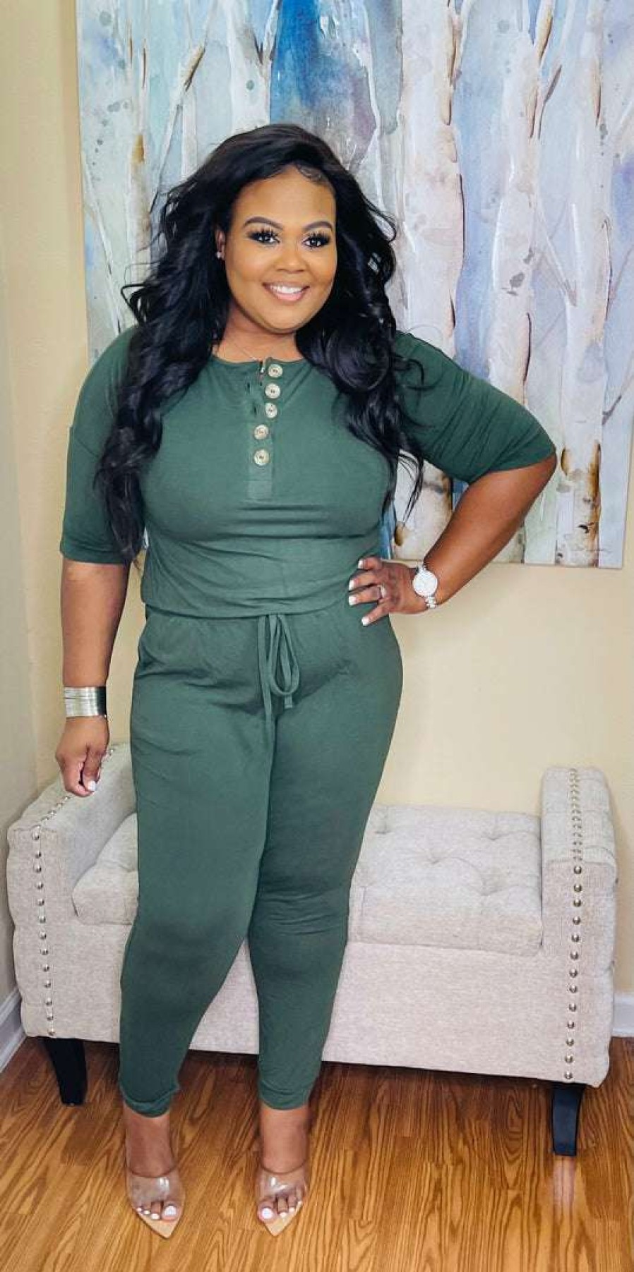 Jumpsuits /Rompers (Missy) * | Pash Boutique New Arrivals Army Green Jogger Jumpsuit